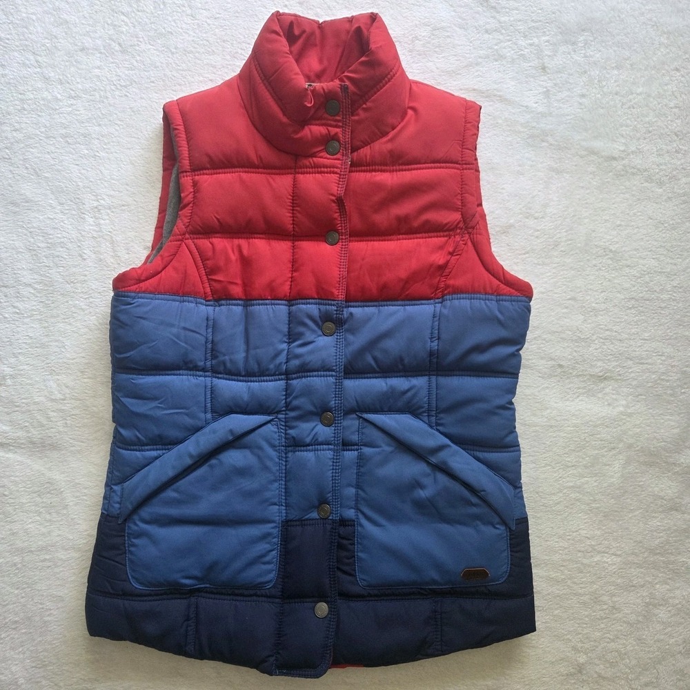 Vintage Roxy Puffer Vest WomensBlue Red Colorful Snap Buttons Lined 90s Y2k